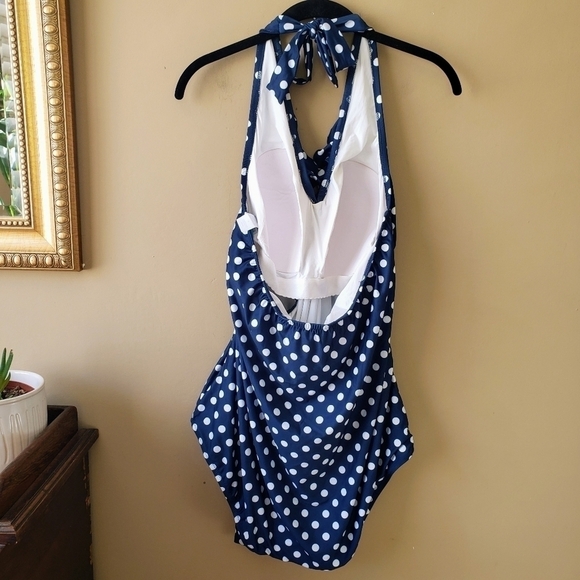 Modcloth The Reese One-Piece Swimsuit Halter Ruffle Polka Dot Navy Blue Size 3X - Picture 6 of 14